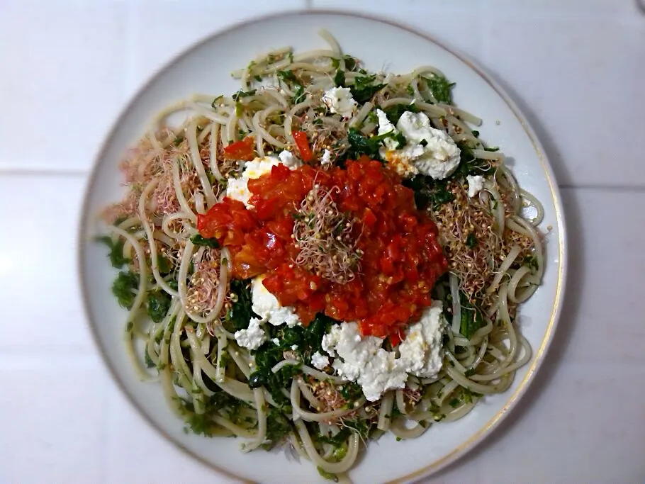 Pasta con quinua germinada, espinaca macerada en salsa de soya, vinagre de moras, ajo y perejil , queso feta y pimentones asados.|Sergio Sanchezさん