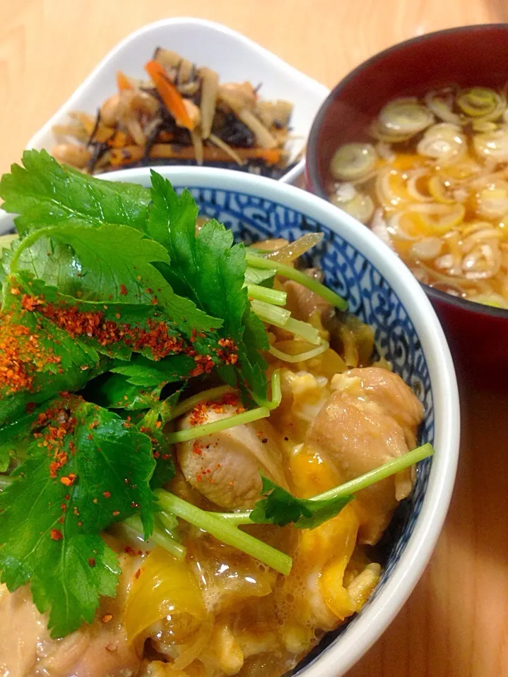 とろふわ親子丼・鉄分補給！根菜煮・豆腐と長ネギの味噌汁|machikoさん