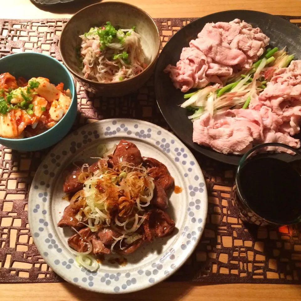 Snapdishの料理写真:お家居酒屋、ハツ、ぬるしゃぶ、長芋キムチ、カニカマ蟹味噌|maruruさん