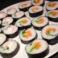 Snapdishの料理写真:Sushi with salmon, avocado, surimi and cucumber|Angieさん