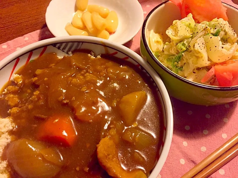 mari miyabeさんの料理 カレーとオカラご飯もどき   おかなさんの箸が止まらない白菜サラダも|mari miyabeさん