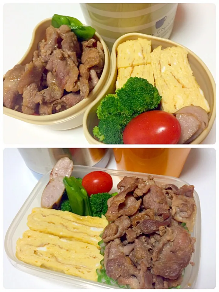 生姜焼き、卵焼き、しめじ豆腐味噌汁弁当|しーさん