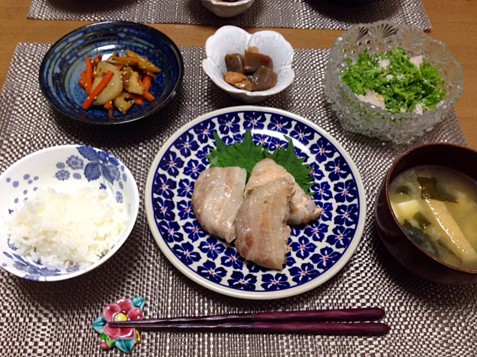 レンコン明太子の肉巻き☆ごぼうと蓮根きんぴら☆わさび菜サラダ☆お味噌汁☆|Milfeliceさん