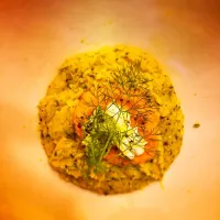 Snapdishの料理写真:Chive & pepper polenta! With red pepper purée lemon basil pesto with dill|Fleurさん