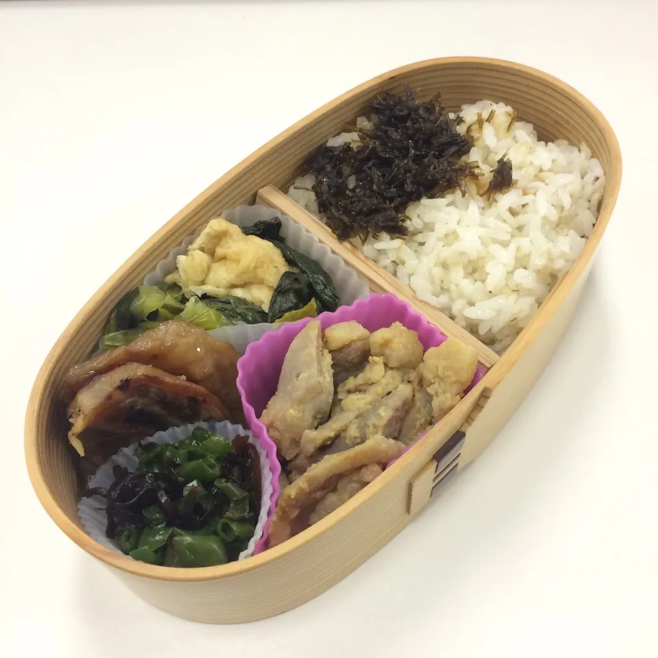 弁当（豚味噌焼き、ふぐ味醂、小松菜と揚げ炒め煮、ピーマン昆布、昆布佃煮）|SasaMasa213さん