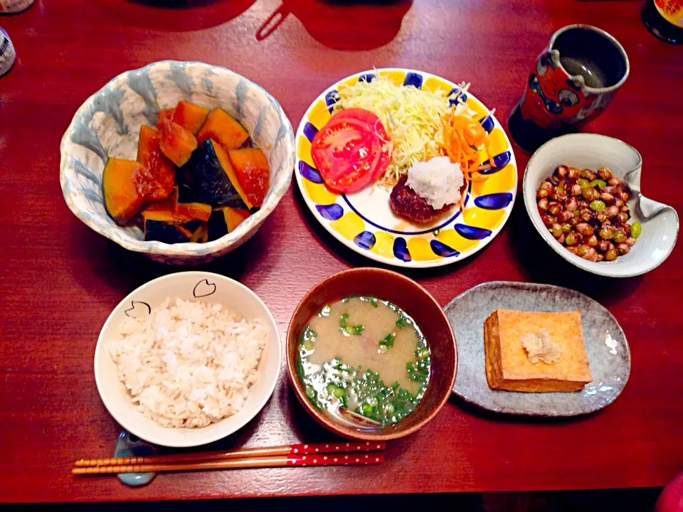 麦ご飯 あさりのお汁 カボチャの煮物 おろしハンバーグ 厚揚げ 銀杏 お刺身|森山笑美子さん