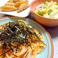 明太子パスタ&白菜とりんごの豆乳ドレッシングサラダ&カリカリ鳥手羽中|Kiyokaさん