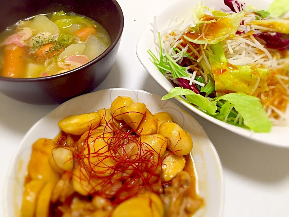 野菜たっぷりポトフ、サラダ、里芋と豚肉の照り焼き|まーゆー♡さん