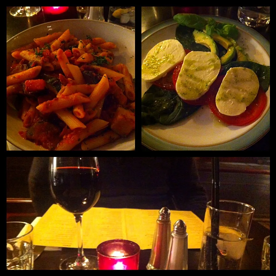 Snapdishの料理写真:Dinner at Il Vino in hertford - penne provincial and tricolor salad with wine and g & T|🍓Jolejo🍓さん