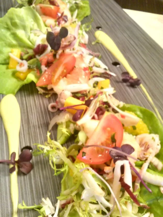 steamed Vietnamese calamari salad, bibb lettuce, frisee, radicchio, fresh herbs, nuac mam citrus, blood orange beurre blanc, lava salt|Nicholas Lynchさん