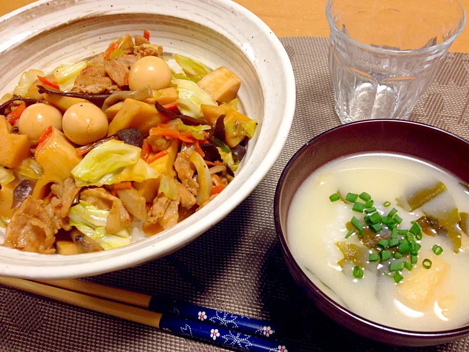 中華丼、自然薯団子のおみそ汁|ねむねこさん