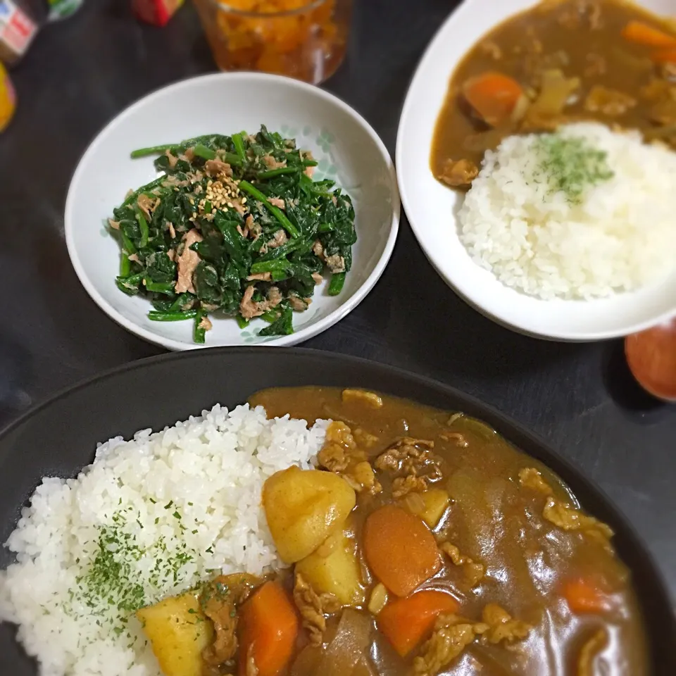 今日の晩ご飯は、野菜ごろごろポークカレー、ほうれん草とツナの柚子胡椒和え。|ゆえさん