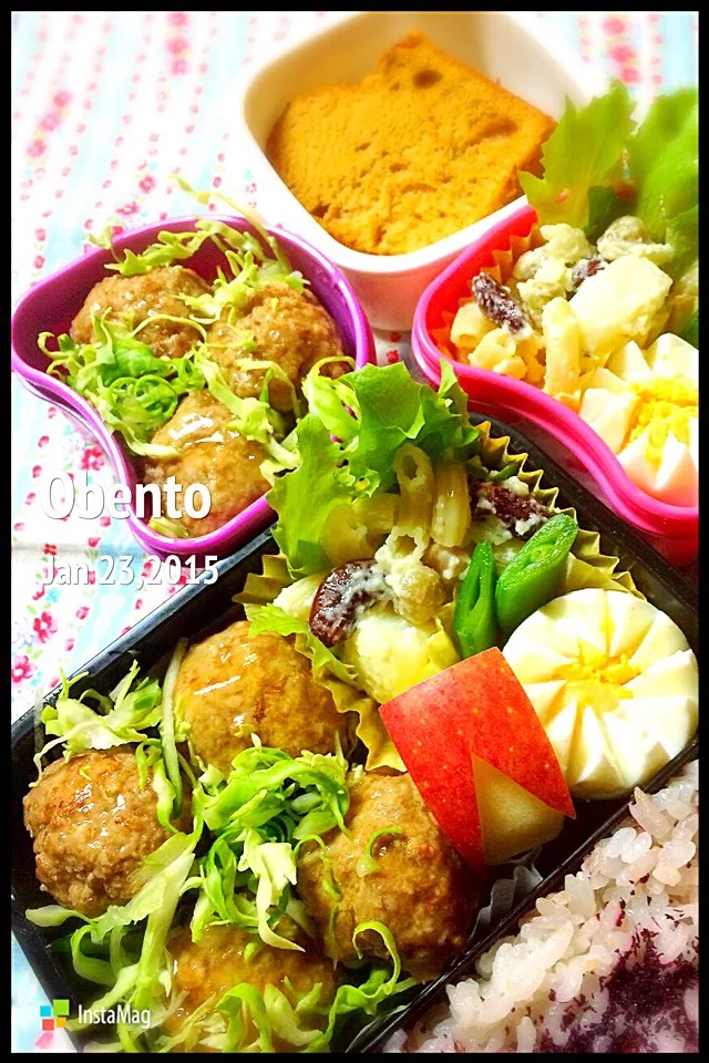 Snapdishの料理写真:今日のお弁当🍱 肉団子千切りキャベツ添え、ポテトサラダ、茹で卵、スナックエンドウ、リンゴ、昨日作ったキャラメルシフォンケーキ。|72roseさん