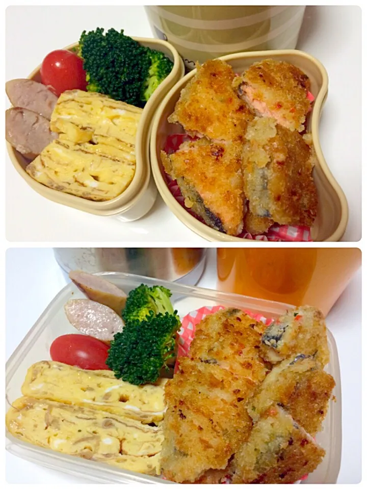 鮭カツレツ、なめ茸卵焼き、豆腐なめこ味噌汁弁当|しーさん