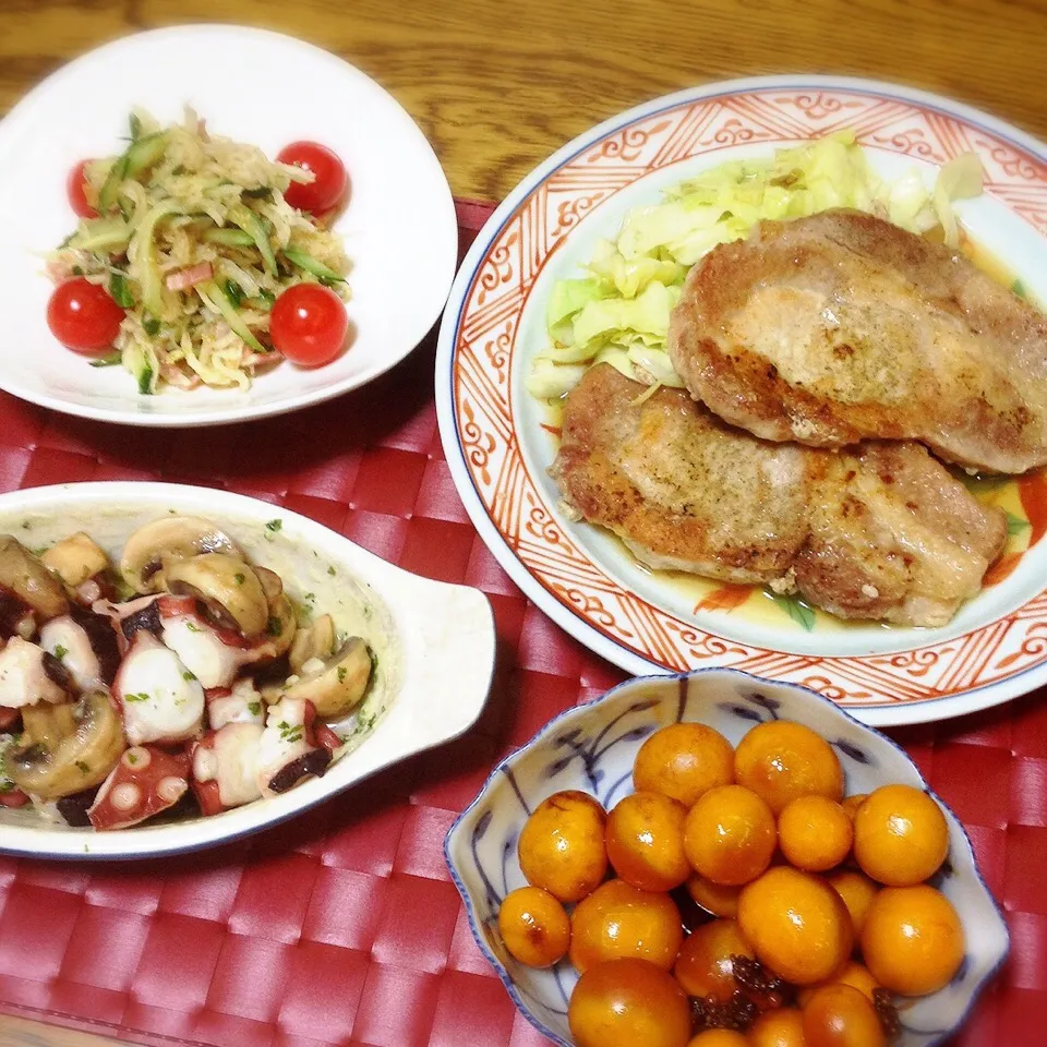 切り干し大根のサラダ・柔らかポークソテー・鶏もつきんかんの照煮・タコのエスカルゴ風|美也子さん