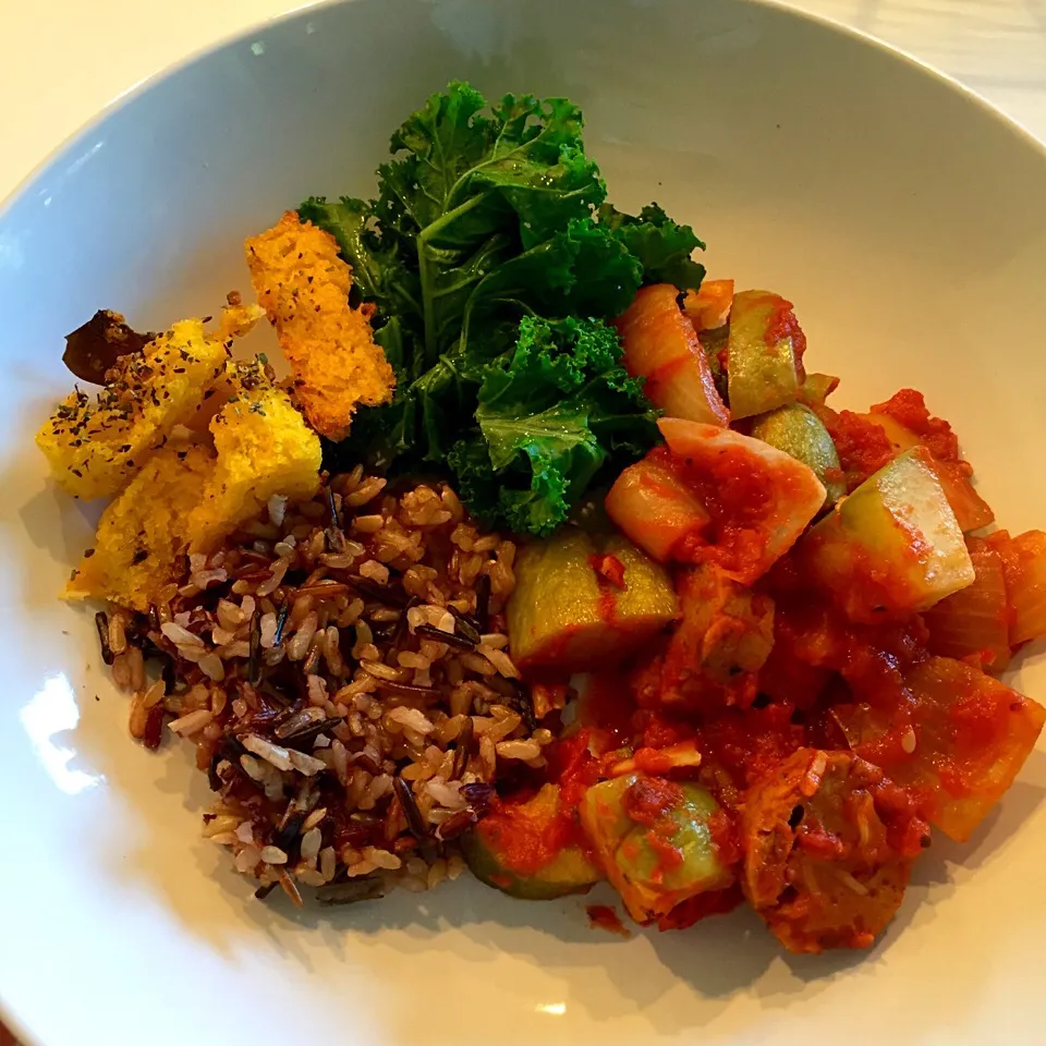 Snapdishの料理写真:Ratatouille with wild rice, steamed kale, and oregano polenta fries|victoria valerioさん