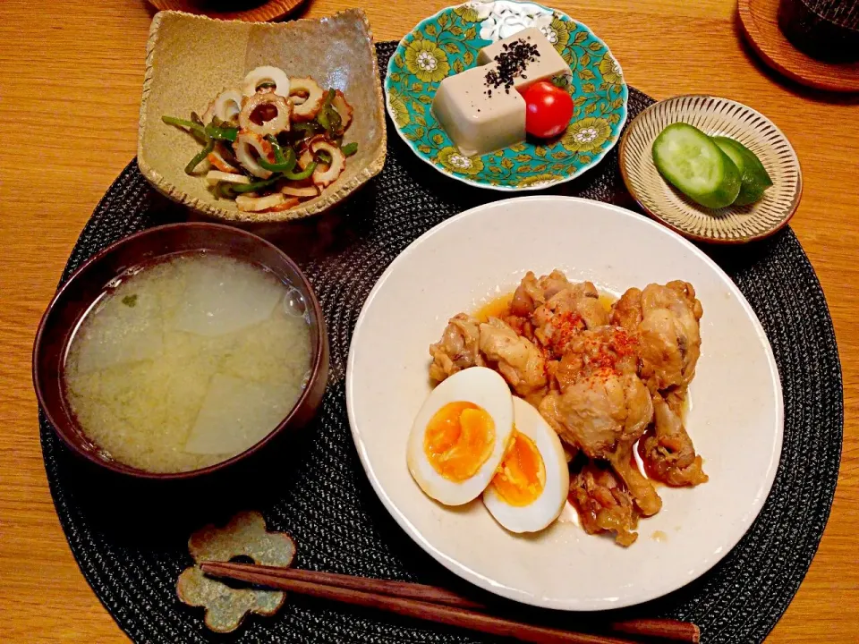 手羽元さっぱり煮/胡麻豆腐/ピーマンとちくわの塩昆布和え/ぬか漬け胡瓜|lotusさん