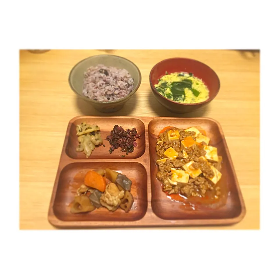 #麻婆豆腐#筑前煮#玉子スープ#お漬物(市販)#雑穀ご飯|mikiさん