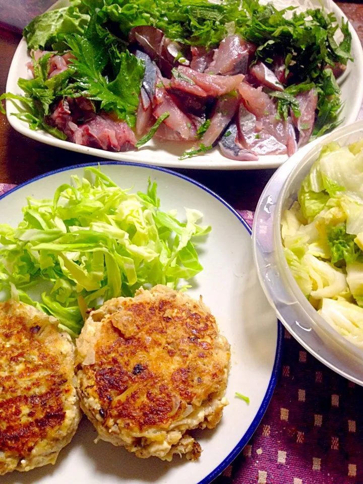 豆腐と野菜のハンバーグ 鯵の刺身 白菜漬|掛谷節子さん