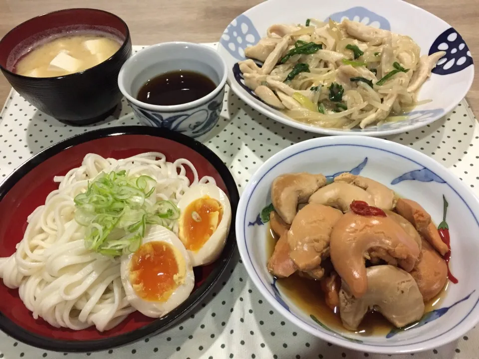 冷やしうどん・胸肉とモヤシ中華とろみ炒め・帆立の子醤油煮・豆腐と大根のみぞれ味噌汁|まーままさん