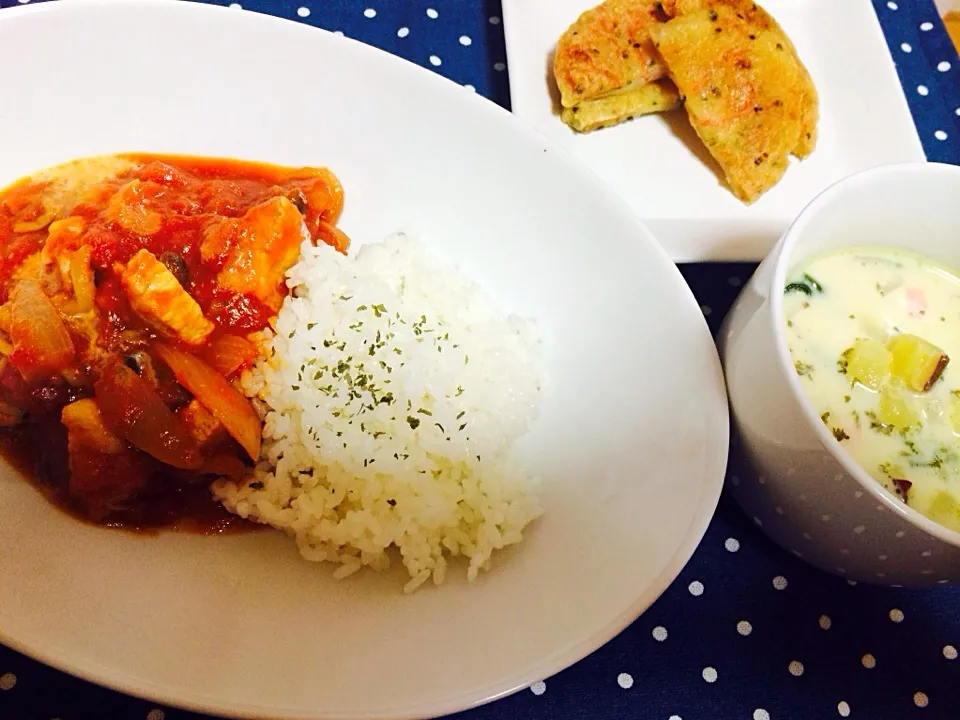 鶏肉のトマト煮＆さつま芋のスープ＆余ったお豆腐で作ったもちもち|みーこさん