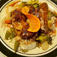 Snapdishの料理写真:Peking  duck with orange glaze rice and veggies|Nikka Justwannabehappyさん