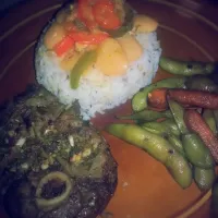 lamb chops, garlic and teriyaki edamane, lima beans over oregano rice|Yokiさん