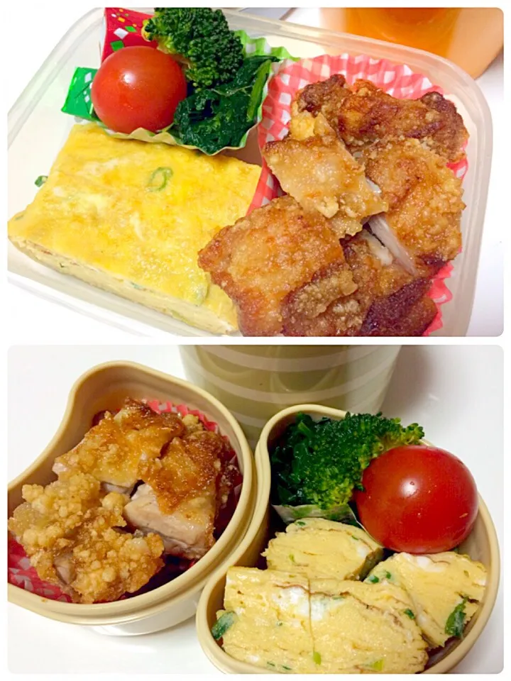 鶏竜田揚げと卵焼き、豆腐シメジわかめ味噌汁弁当|しーさん