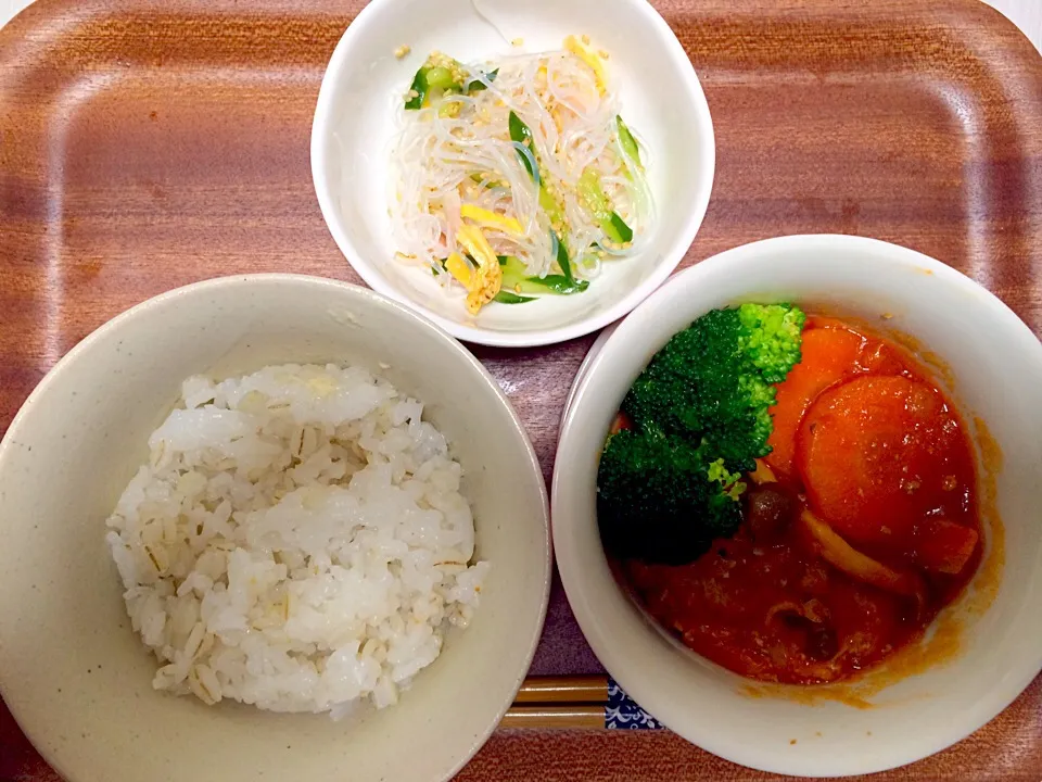 煮込み豆腐ハンバーグ、春雨サラダ、麦ご飯😊|suzuuuさん