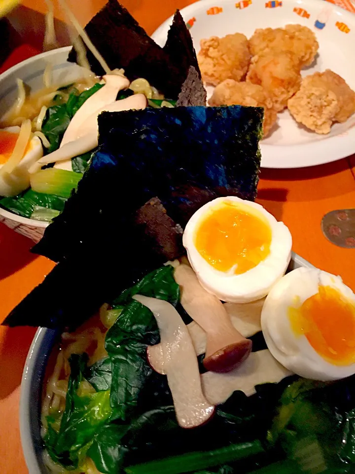 味噌ラーメン  ほうれん草、エリンギ、半熟卵、海苔のせ  鶏のから揚げ  ガーリック塩味|ch＊K*∀o(^^*)♪さん