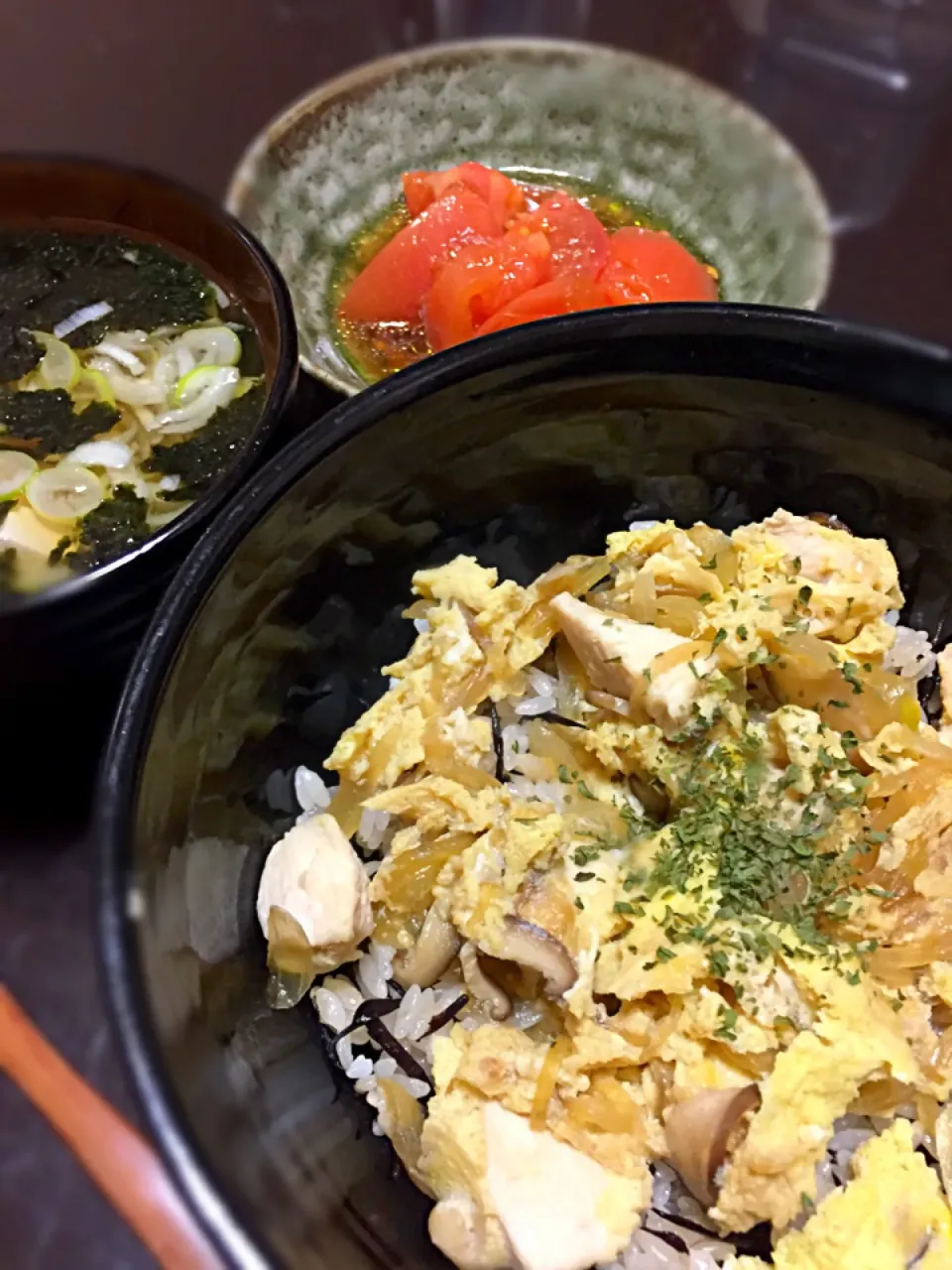 親子丼 のりスープ トマトポン酢|Shiho Hashimotoさん