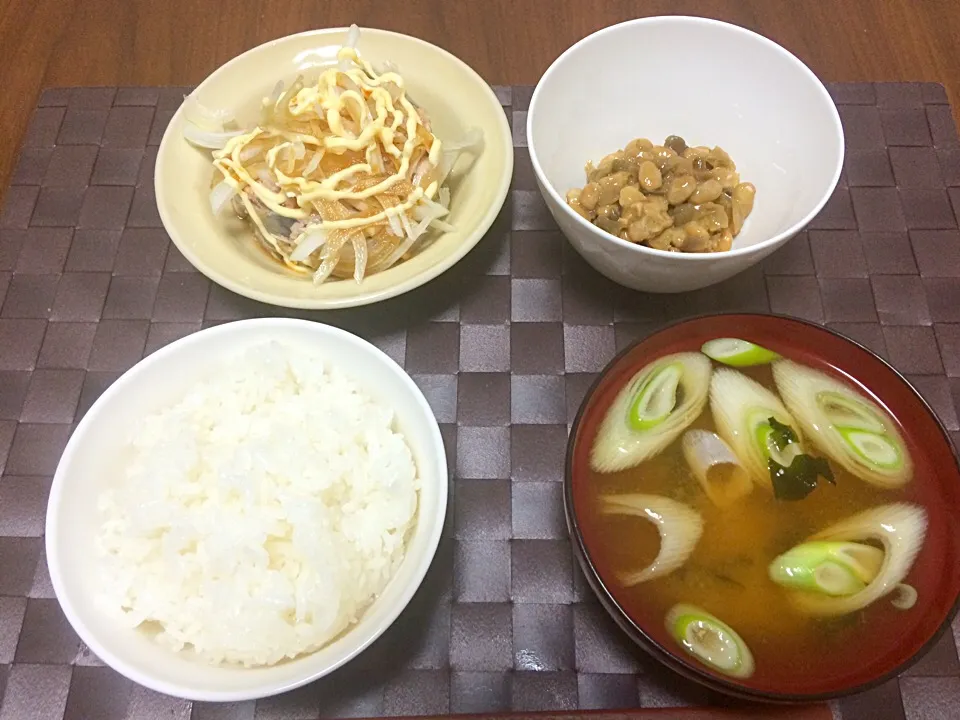 Snapdishの料理写真:鯖の水煮缶、納豆、ネギとワカメの味噌汁|Koichi GOGOさん