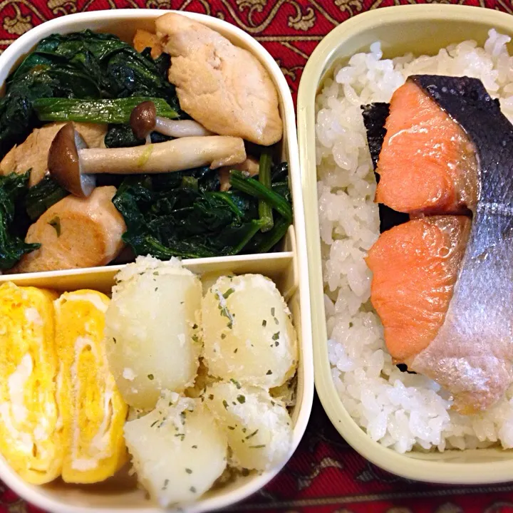 焼き鮭とほうれん草と鶏ささみのマヨソース炒め弁当|もえさん