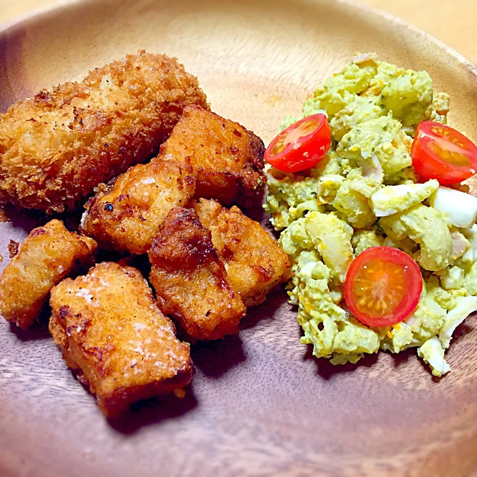 鰤の竜田揚げ＆牡蠣クリームコロッケ＆バジルソースのポテサラ|ちゃんちーさん