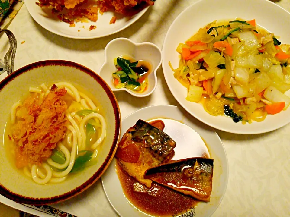 サバの味噌煮、かき揚げうどん|しずかちゃんさん