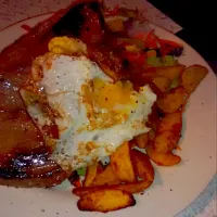 Snapdishの料理写真:double thick slabs of steak, sweet potato spiced wedges, salad and egg|Marc Lawlerさん