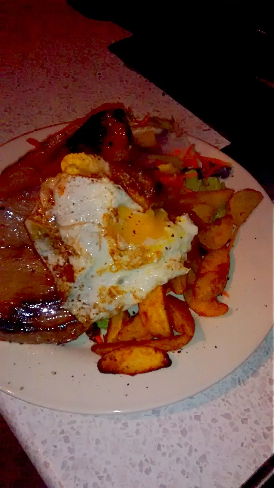 Snapdishの料理写真:double thick slabs of steak, sweet potato spiced wedges, salad and egg|Marc Lawlerさん