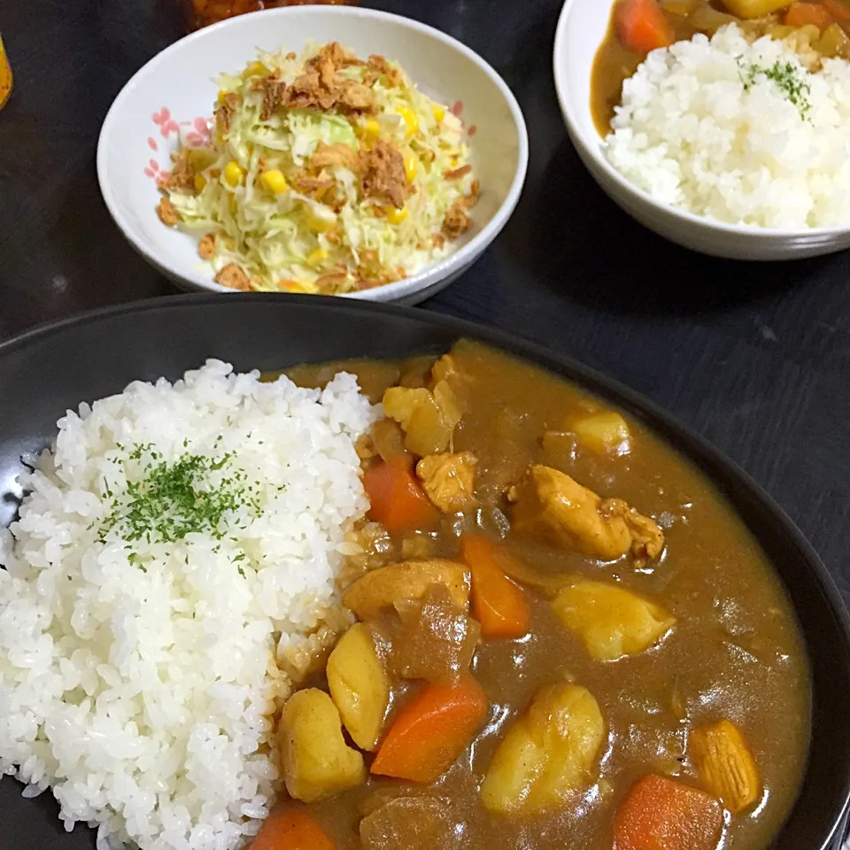 今日の晩ご飯は、ごろっとチキンカレー、フライドオニオン入りコールスローサラダ。|ゆえさん