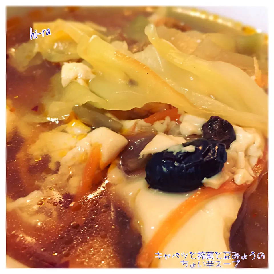 Snapdishの料理写真:『キャベツと搾菜と豆ちのちょい辛スープ』|hi-ra（ひいら）さん