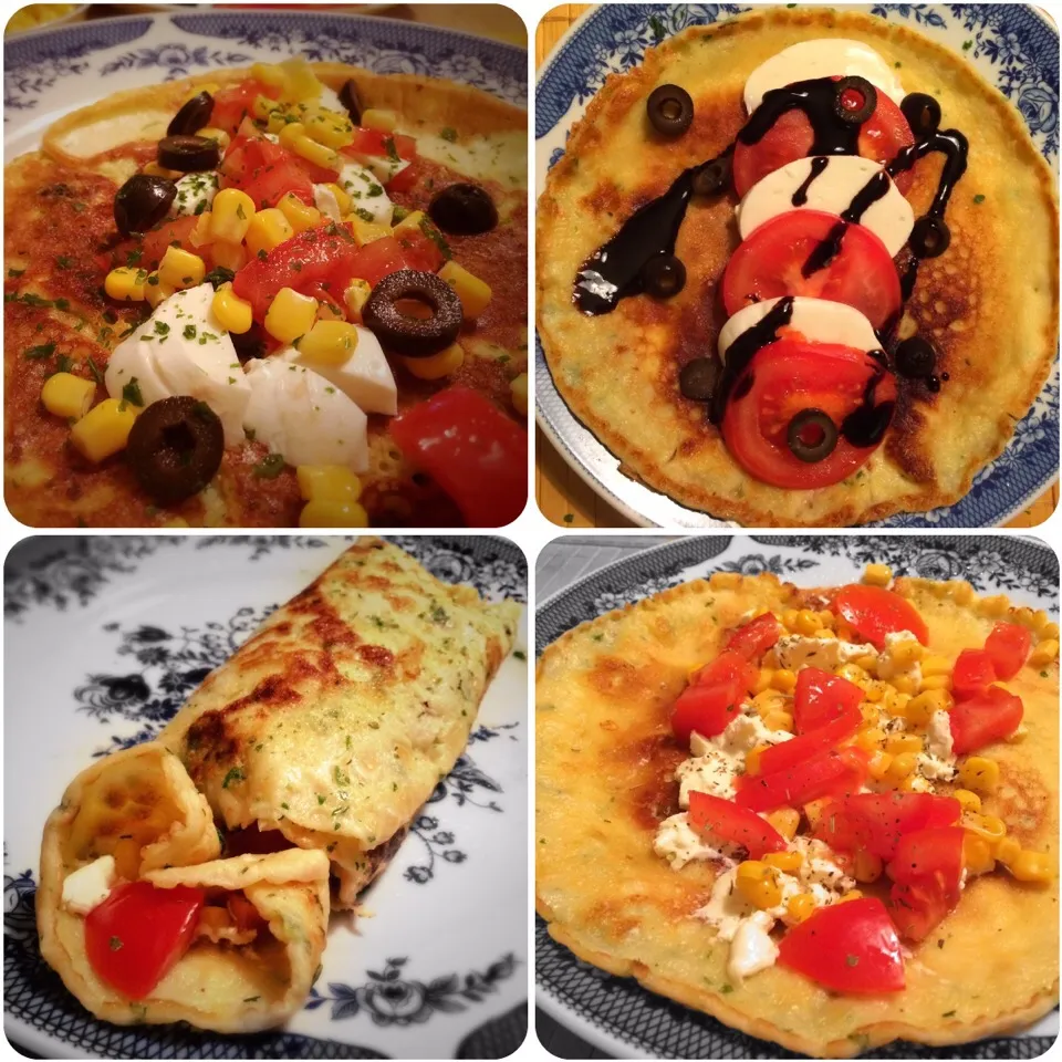 Savory Pancakes ~ cream cheese ~ olives ~ tomatoes ~ mozarella ~ sweet corn 🍴|CatzeMDさん