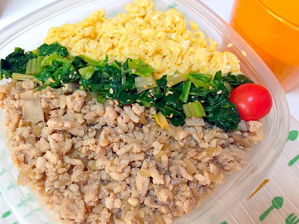 鶏そぼろ丼と豆腐とシメジと玉ねぎの味噌汁の弁当|しーさん