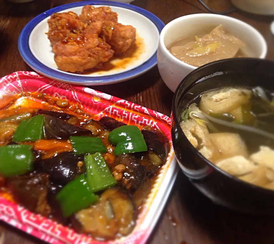 昼ごはん マーボーなす 台湾風鳥から 大根煮物|ぽんたさん