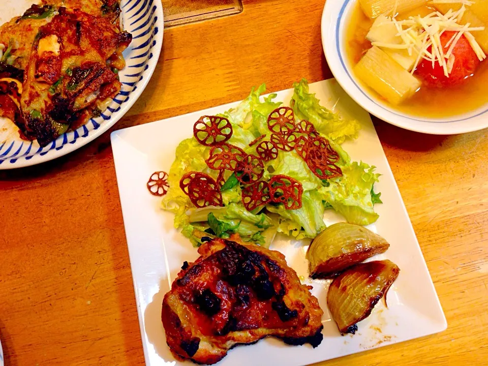 ネギ焼き タンドリーチキン  レタスと九条ネギの醤油麹柚子胡椒サラダ  野菜おでん|まりまりさん