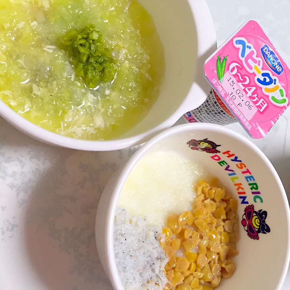 息子ごはん♡納豆しらす粥のキャベツと大根ササミの和風だしスープアスパラのせ♡|湊叶ママさん