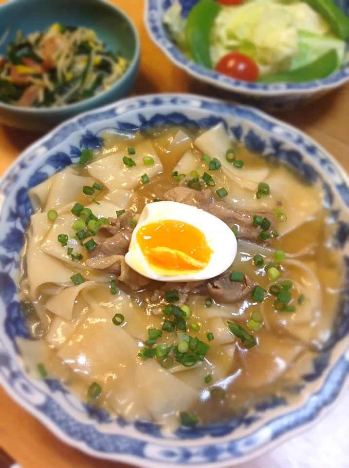 鬼ひも川であんかけうどん。食べにくいので茹でて水で〆てから5センチくらいにカットしました♪|hoppycowさん