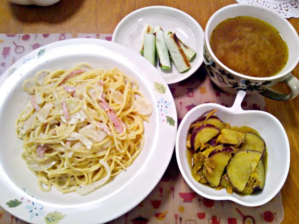 １月３０日 クリームパスタ  さつまいもとツナのカレー粉煮 焼きねぎ 残り汁スープ|いもこ。さん