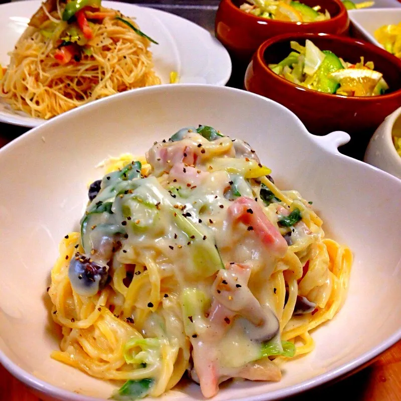 ベーコンとネギとしめじのクリームパスタ＆そうめん。|＊みお＊さん