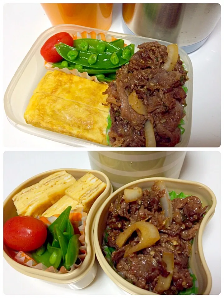 焼肉、卵焼き、スナップエンドウナムル、シメジと豆腐の味噌汁弁当|しーさん