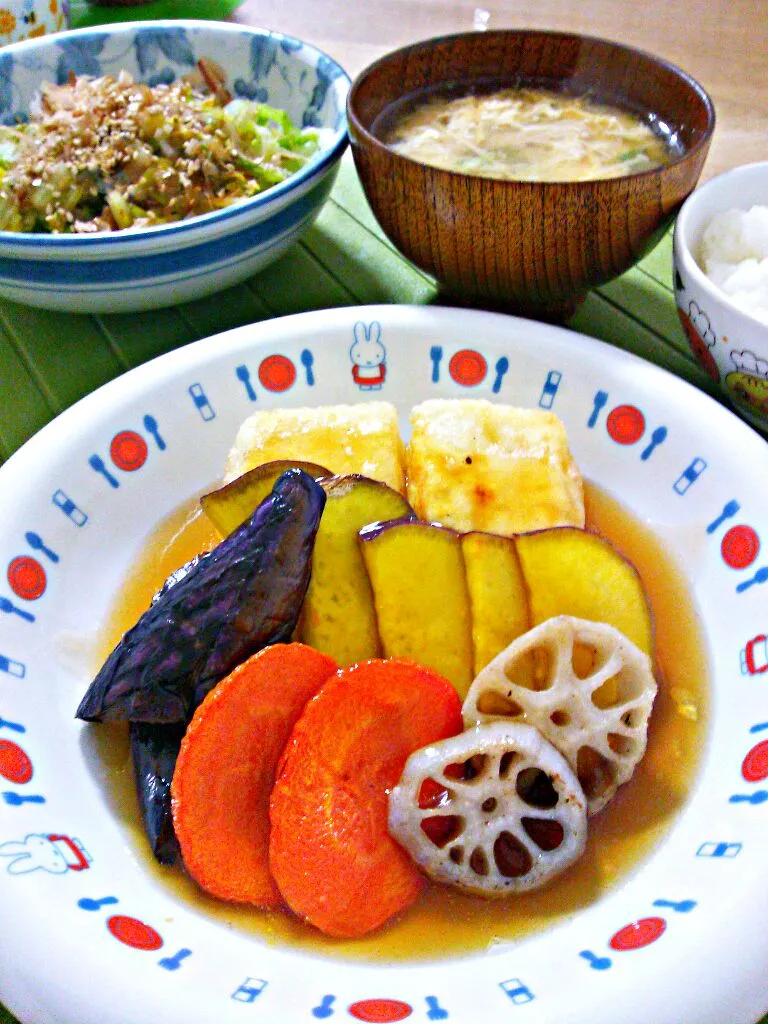 ☆揚げ出し豆腐と野菜銀餡かけ＊白菜ｵｶｶ和え＊茸と卵の味噌汁＊ごはん☆|ｼｮｺﾗさん