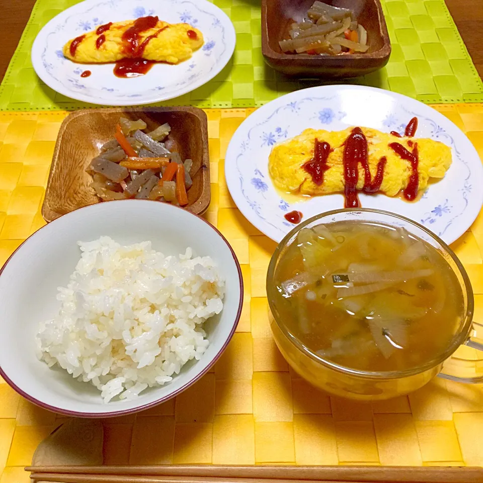 大根とコンニャクの炒め煮、オムレツ、野菜コンソメ|舐め子さん